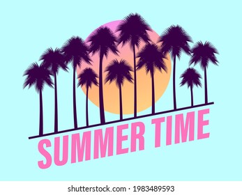Summer time. Palm trees against a gradient sun in the style of the 80s. Diagonal text on a blue background. Design for advertising brochures, banners, posters, travel agencies. Vector illustration