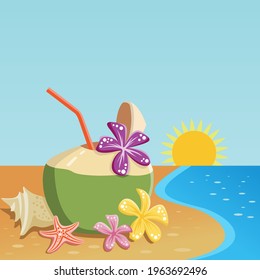 Summer time with palm trees flower shellfish starfish and green coconut Vector cartoon style background of sea shore with colorful seashells. Good sunny day.