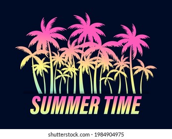 Summer time. Palm trees with a gradient on a black background. Design for advertising brochures, banners, posters and travel agencies. Vector illustration