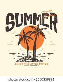 Summer time with palm trees hand drawn illustration, ready for print on paper poster, t-shirt and other uses.