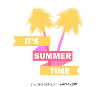 Summer time. Palm trees with ribbon and text on a white background. Vector illustration