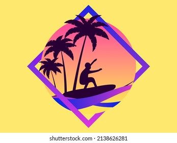 Summer time. Palm trees and a surfer against the background of the sun in a frame. Gradient sun. Tropical palm trees in 80s retro style for brochures, banner and poster. Vector illustration