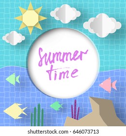 Summer Time. Paper Applique Elements and Symbols with Text illustrate the Greeting of the Summertime. Trendy Background. Template for Banner, Card, Logo, Poster. Art Design Vector Illustrations.