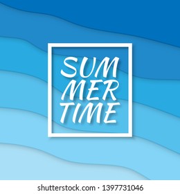 Summer time. Paper cut style blue sea summer background with frame. Vector illustration.