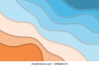 Summer time. Paper cut style blue sea and beach summer background with frame. Vector illustration.