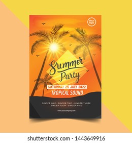 Summer time party poster design template with palms trees silhouettes.  Modern style. Vector illustration - Vector