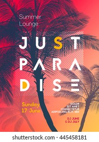 Summer time party poster design template with palms trees silhouettes. Modern style. Vector illustration