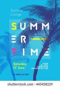 Summer time party poster design template with palms trees silhouettes. Modern style. Vector illustration