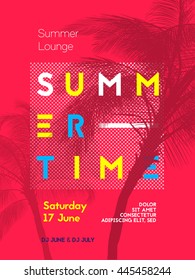 Summer time party poster design template with palms trees silhouettes. Modern style. Vector illustration