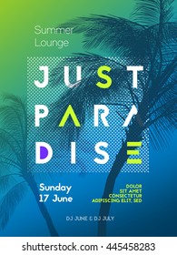 Summer time party poster design template with palms trees silhouettes. Modern style. Vector illustration