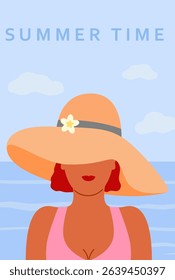 Summer time. Summer party, vacation and travel, weekend, beach concept. Vector illustration of woman in hat in flat style for posters, covers, flyers.