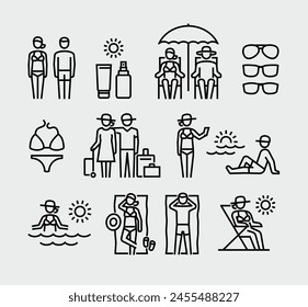 Summer Time, People Relaxing Sunbathing Vector Line Icons