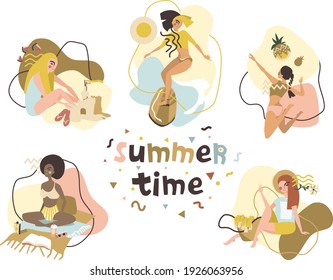 Summer time people vector illustration. Diverse female collection. Women doing beach activities. Trendy clip art collection for posters, cards, presentations, brochures, web. Minimalist abstract set.