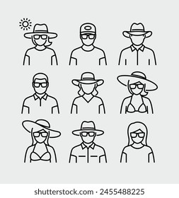 Tiempo de verano, las Personas llevan gafas de sol Sombreros Iconos de la línea de Vector