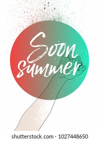 Summer time phrase typographical poster. Hand holding a pencil and writing. Vector illustration.
