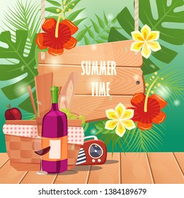 summer time with picnic basket on wooden table. can be use for greeting and invitation card. background , backdrop. vector illustration - Vector