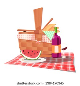 summer time with picnic basket on white background. can be use for greeting and invitation card. background , backdrop. vector illustration - Vector