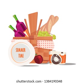 summer time with picnic basket on white background. can be use for greeting and invitation card. background , backdrop. vector illustration - Vector