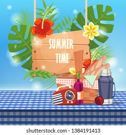 summer time with picnic basket on tablecloth. can be use for greeting and invitation card. background , backdrop. vector illustration - Vector