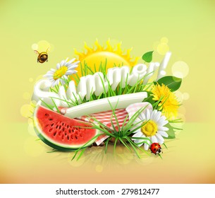 Summer, time for a picnic, watermelon, nature, outdoor recreation, a tablecloth and sun behind, grass, flowers of chamomile and dandelion, vector illustration showing the summertime