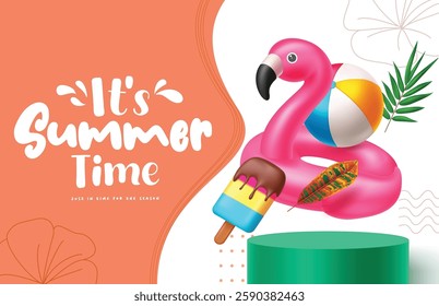 It's Summer time podium clipart poster design. It's Summer time greeting text in orange and white abstract background for tropical holiday product display presentation clip art vector illustration.