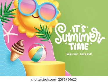 Summer time podium clipart poster design. Summer time greeting text clip art with sun character and colorful paper cut elements in green background for holiday season product presentation vector 