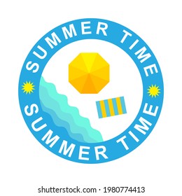 Summer time postal stamp, top view beach with umbrella and sea, color isolated on white background, vector illustration.