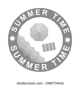 Summer time postal stamp, top view beach with umbrella and sea, grey isolated on white background, vector illustration.