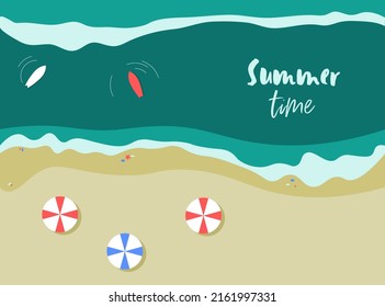 Summer time postcard, beach scene, vacation near the ocean flat illustration
