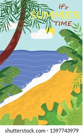 Summer time postcard decorated by sand and ocean view, palm trees and leaves, sunny weather, desert coast in flat design style, holiday on sea vector