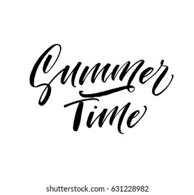 Summer time postcard. Ink illustration. Modern brush calligraphy. Isolated on white background.