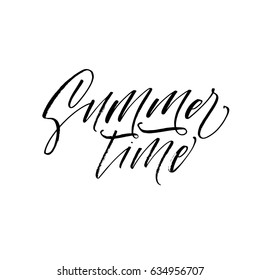 Summer time postcard. Ink illustration. Modern brush calligraphy. Isolated on white background.