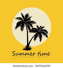 Summer time. Postcard with sun and palm trees at sunset with shadows