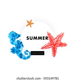 Summer time poster 2017 with starfish and  seahorse watercolor