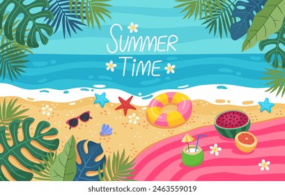 Hora de verano. Cartel de verano, Anuncio, tarjeta. Costa del mar, playa de arena. Días festivos junto al mar, relajación, concepto de vacaciones. Regazo inflable del baño, sandía, coco, gafas de sol, plantas tropicales, flores.