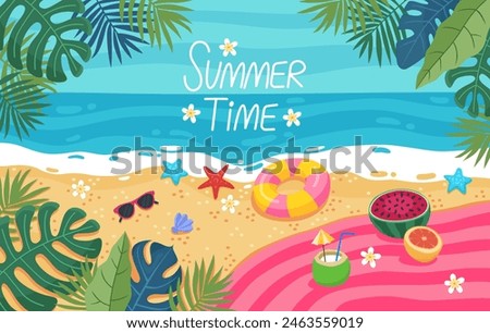 Summer time. Summer poster, banner, card. Sea coast, sandy beach. Holidays by the sea, relaxation, vacation concept. Inflatable swim lap,  watermelon, coconut, sunglasses, tropical plants, flowers.