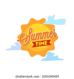 Summer Time Poster or Banner design with Sun, and Clouds on White Background.