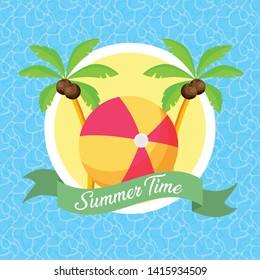 summer time poster beachball palms pool background vector illustration
