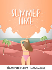 Summer time poster with bikini girl on the beach in paper cut style. Shopping promotion sale advertisement.