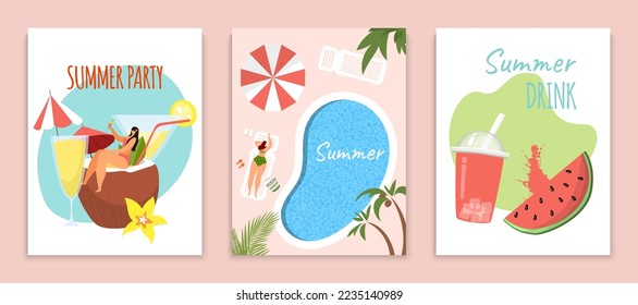 Sommerzeit Poster-Set, Vektorgrafik, flache kleine Mädchen Charakter sitzen Coconut-Cocktail-Party, Frau Lay in der Nähe von Schwimmbad, tropische Feiertage.