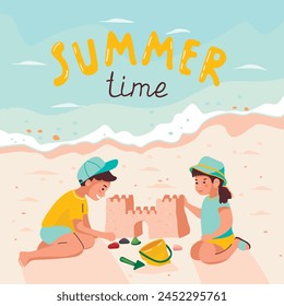 Summer time poster with cartoon children on the sea beach.Little boy and girl are building a sand castle.Cute characters on the ocean.Vector seasonal flat illustration for use in card,banner template.