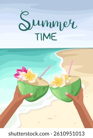 Summer time. Poster with coconuts on a tropical beach. Vacation. Vector illustration.