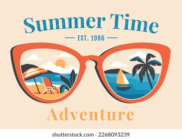 Summer time poster. Colorful retro banner with tropical landscape, beach, sea and palm trees in sunglasses. Rest and relaxation. Travel, tourism and journey. Cartoon flat vector illustration