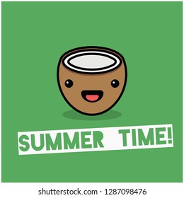 Summer Time Poster with Cute Coconut Illustration