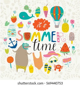 'Summer time' poster with cute summer illustrations in cartoon style