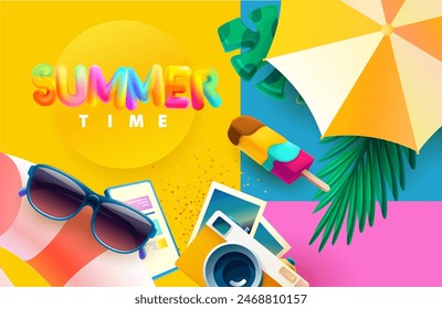 Diseño de póster de verano. Letras coloridas con gafas de sol, helado, cámara sobre fondo brillante.