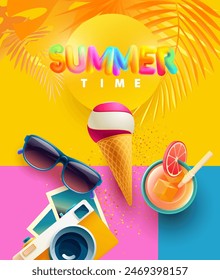 Summer time poster design. Colorful letters with sunglasses, ice cream and camera on bright background.