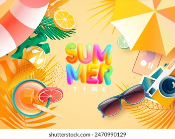 Diseño de póster de verano. Letras coloridas con gafas de sol, helado, hojas tropicales, frutas frescas y cámara sobre fondo amarillo.