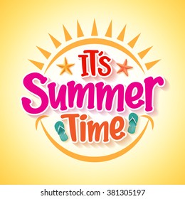 Summer Time Poster Design with Happy and Fun Concept with Realistic 3D Vector Elements and Decorations in Yellow Background. Vector Illustration
