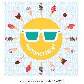 Summer Time Poster Design With The Smiling Sun Wearing Glasses And Ice Creams Cones Around It. Vector Illustration